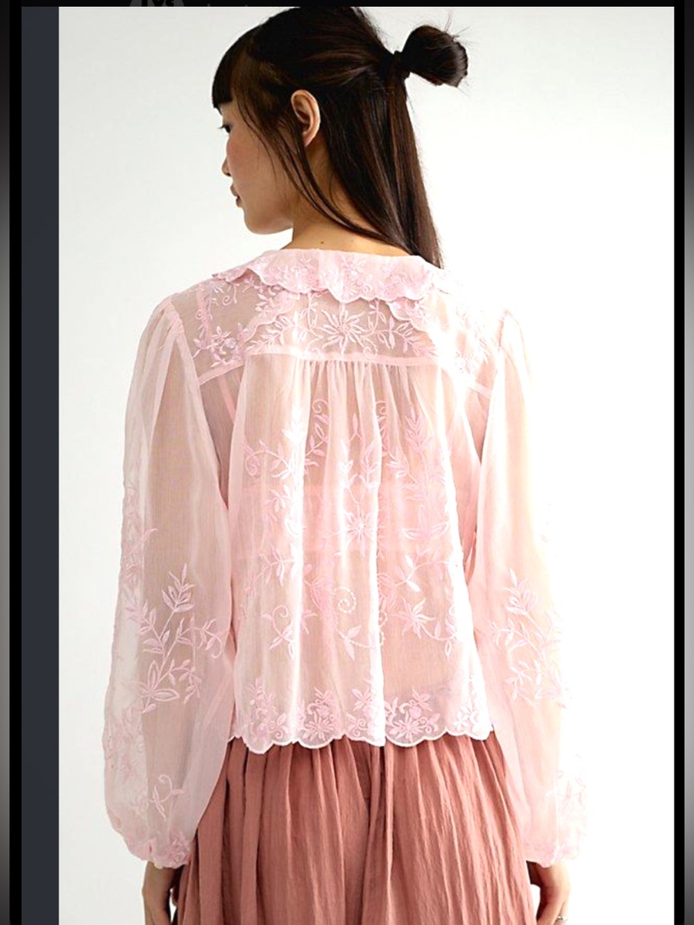 Free People Dreamer Girl Embroidered Blouse Sheer Lace Boho Flowy Baby Pink - Picture 2 of 8